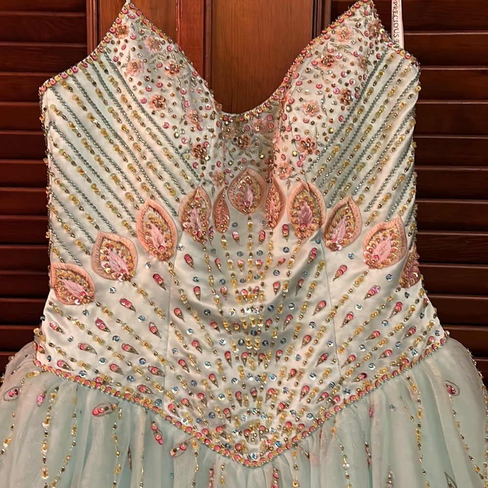 Precious Formals Ball Gown with Peacock Inspired Bodice Beading - Picture 2 of 7